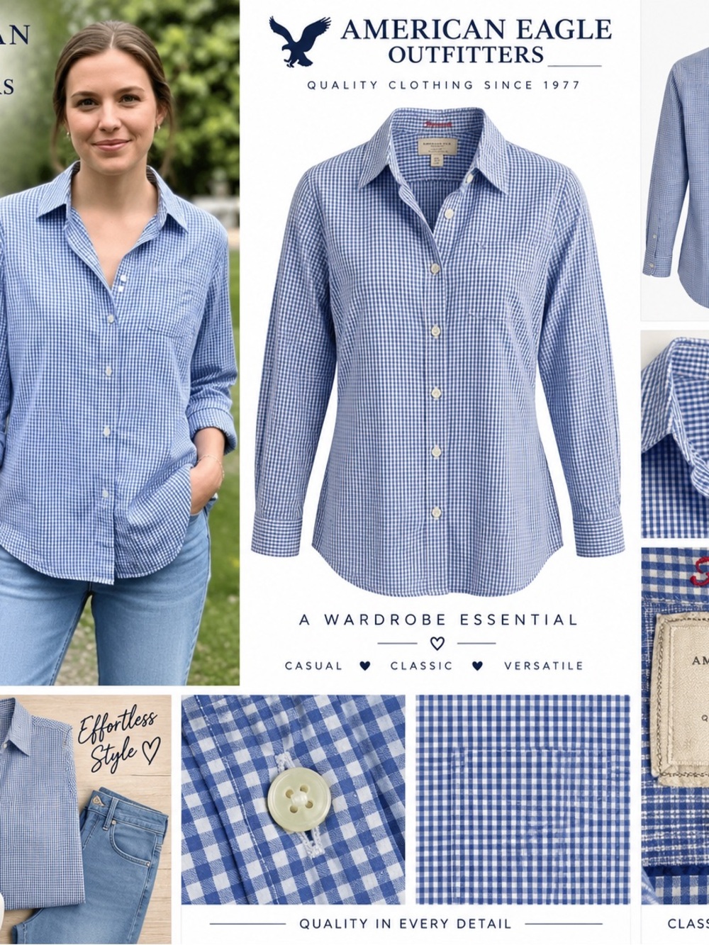 American Eagle Outfitters Blue Gingham Button-Front Shirt